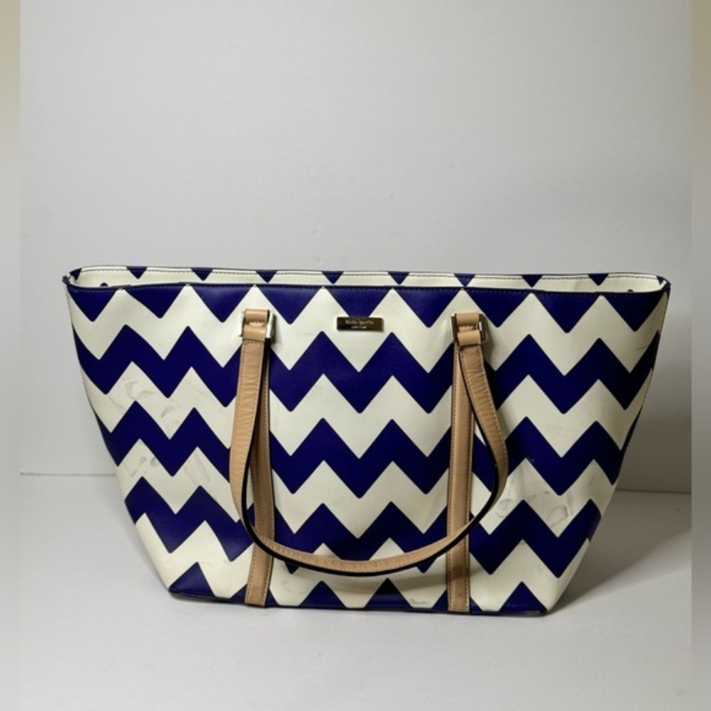Kate Spade New York Womens Tote Shoulder Bag Blue White Zig Zag Dual Handle EUC